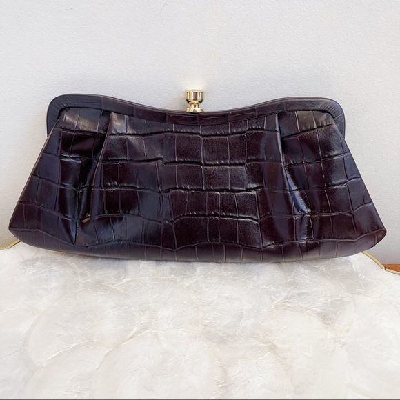 Brown Genuine Leather Croc Emboss Design Hand Held Clutch Chic Classic - Picture 3 of 15